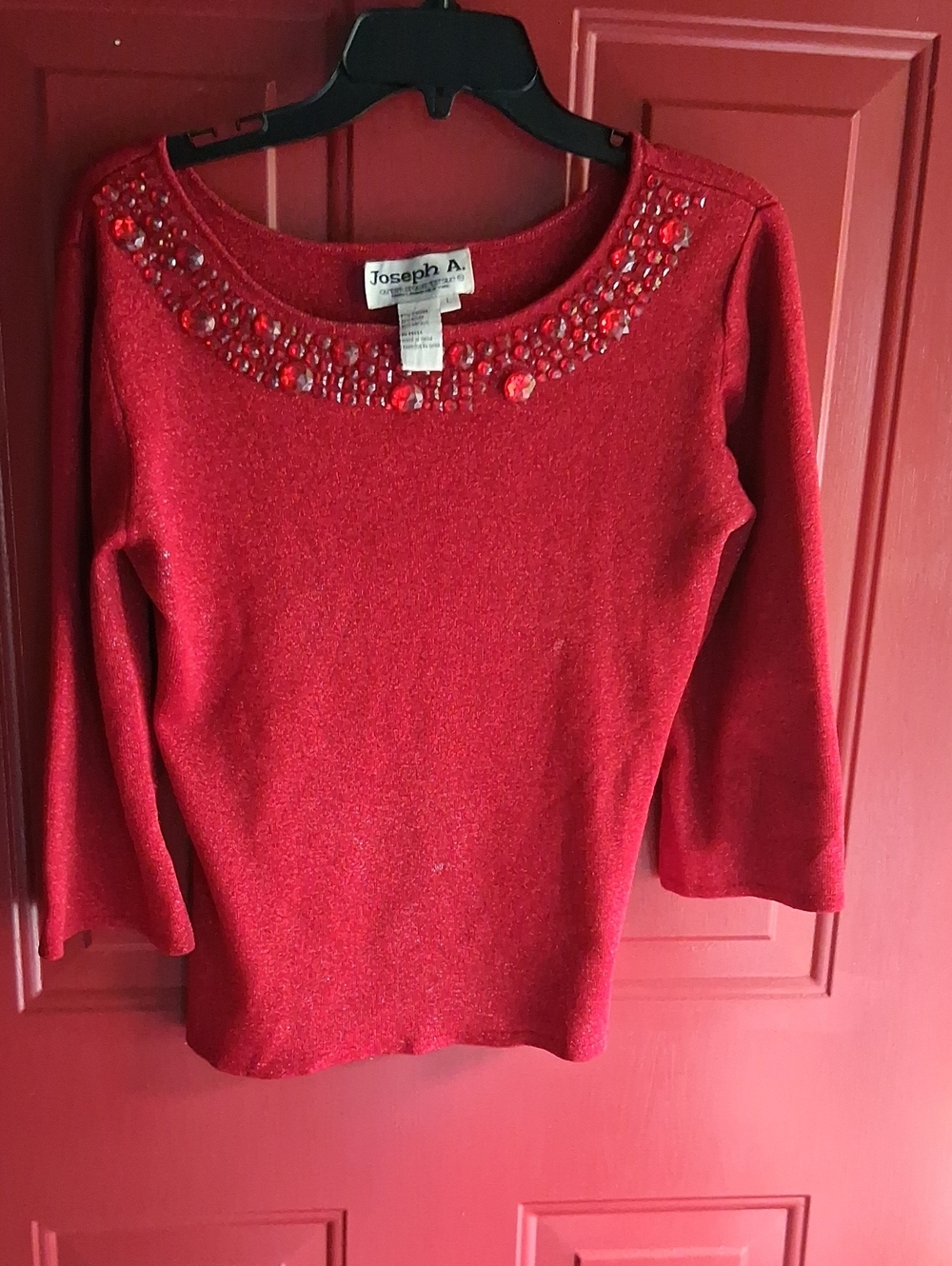 Joseph A. Red Jeweled Scoop Neck Knit Top